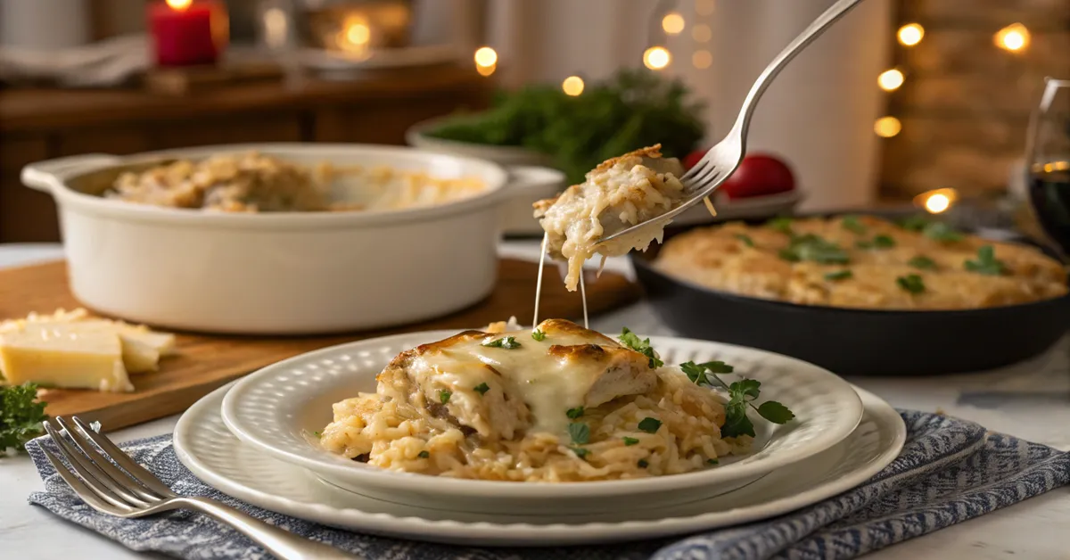 French-onion-chicken-rice-casserole French onion chicken rice casserole being served at family dinner table
