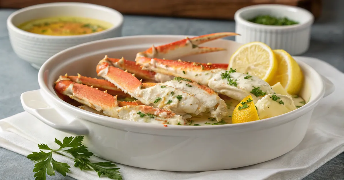 Perfect crab legs with garlic butter served restaurant-style on wooden platter with lemon wedges