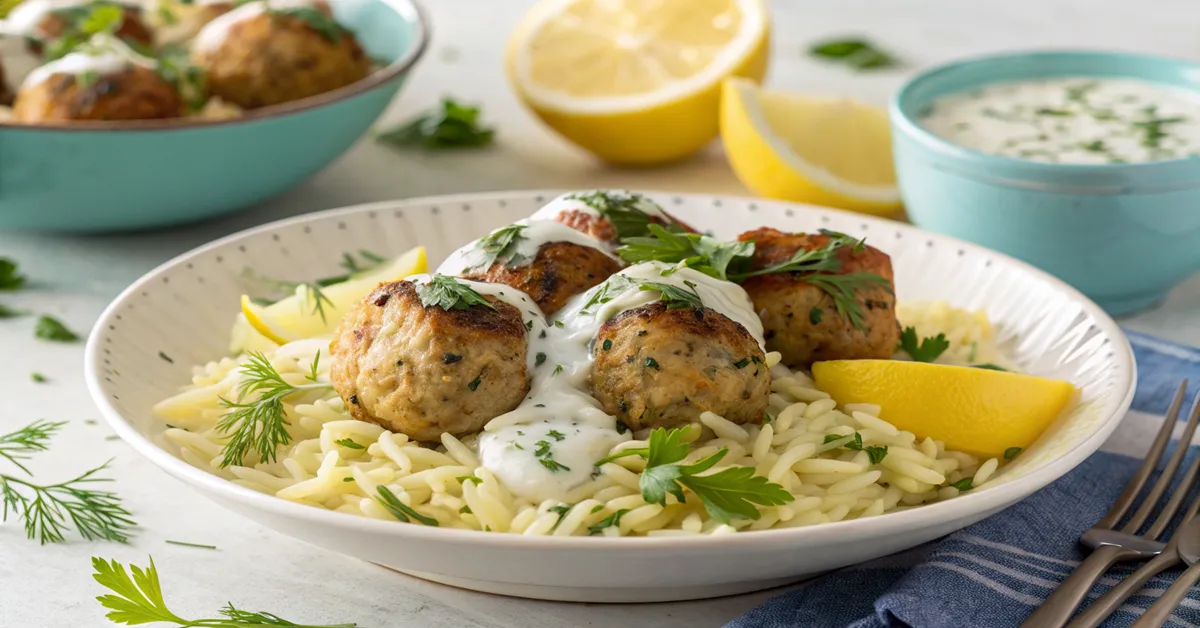 Greek chicken meatballs served with lemon orzo and tzatziki