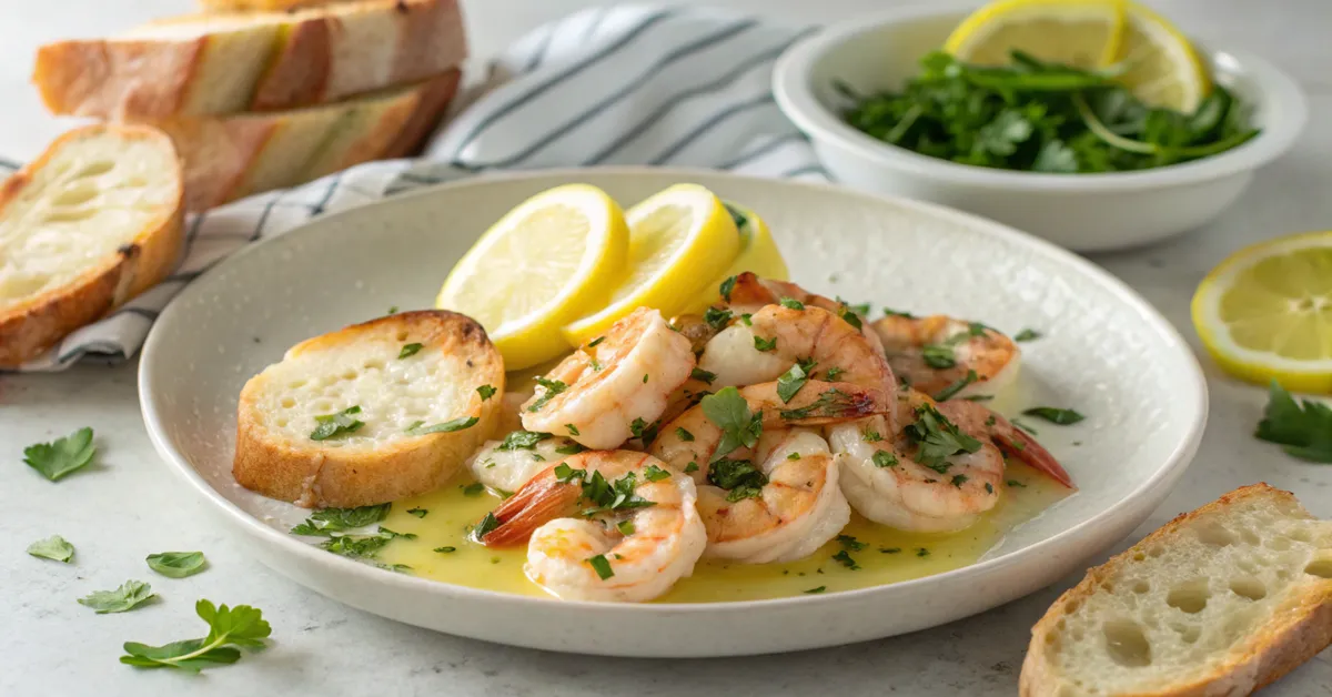 finished-lemon-garlic-butter-shrimp Beautifully plated lemon garlic butter shrimp ready to serve