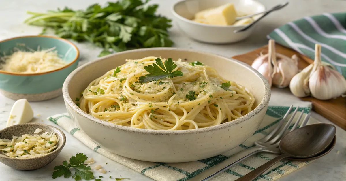family-garlic-butter-pasta-serving Family-style garlic butter pasta ready to serve