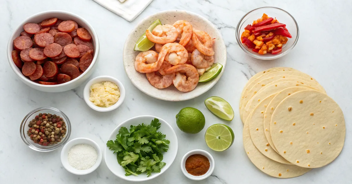 Raw ingredients for chorizo and shrimp tacos arranged on marble counter
