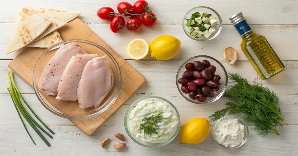 All ingredients for Greek chicken tzatziki wrap laid out on wooden cutting board 