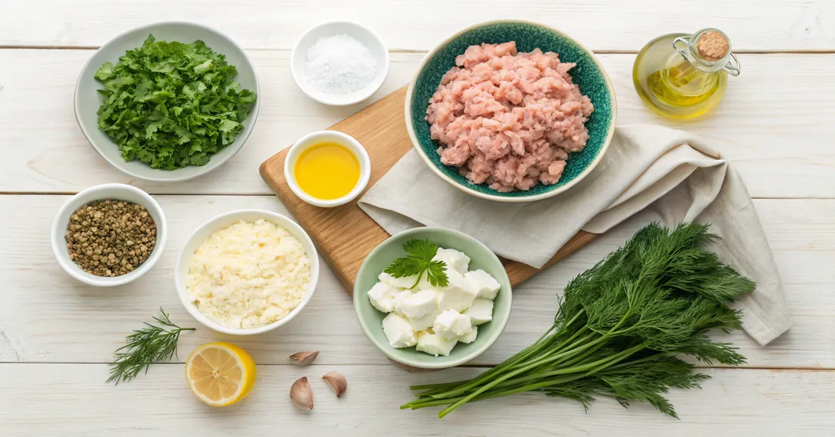 Fresh ingredients for Greek chicken meatballs laid out on wooden table