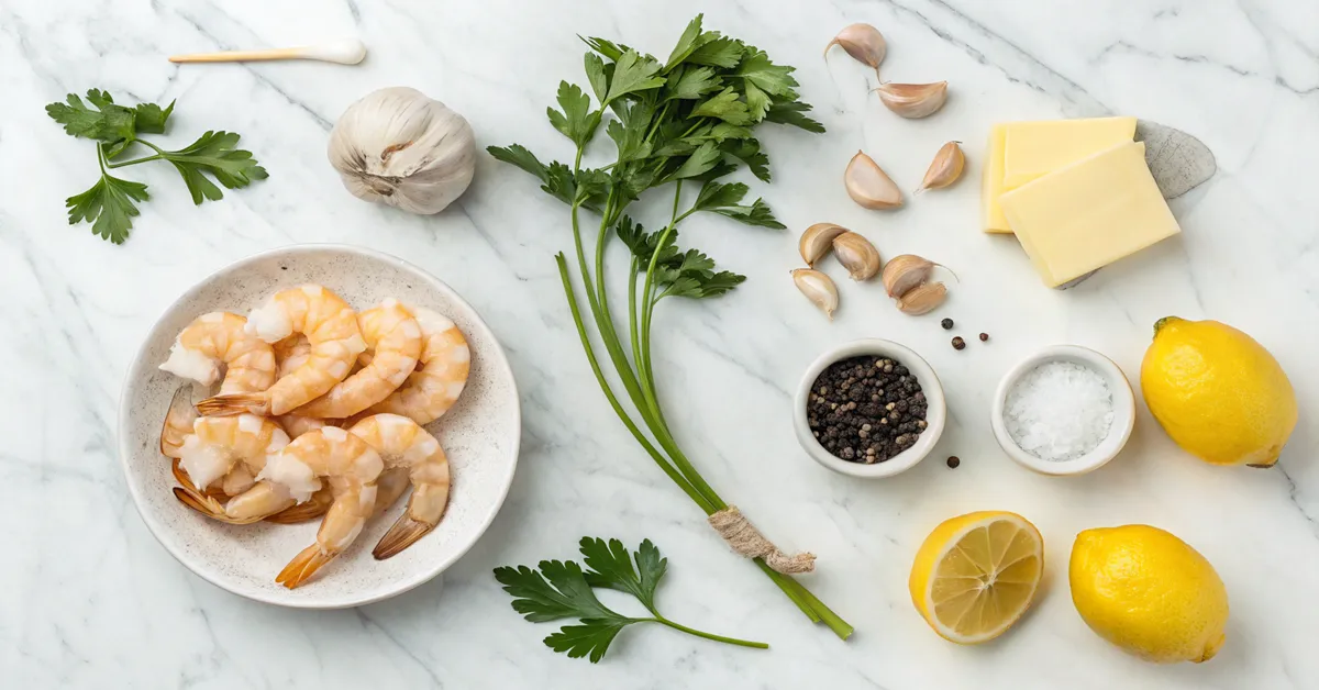 lemon-garlic-shrimp-ingredients Fresh ingredients for lemon garlic butter shrimp recipe laid out