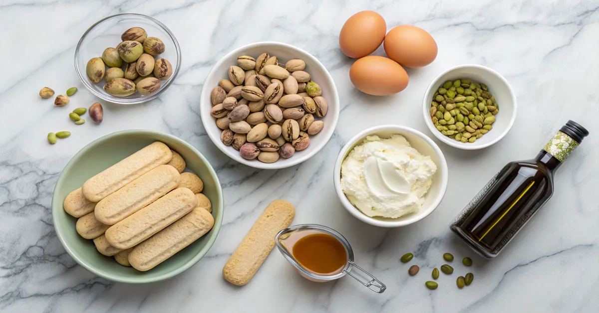  Pistachio tiramisu ingredients laid out including pistachios, mascarpone, and ladyfingers
