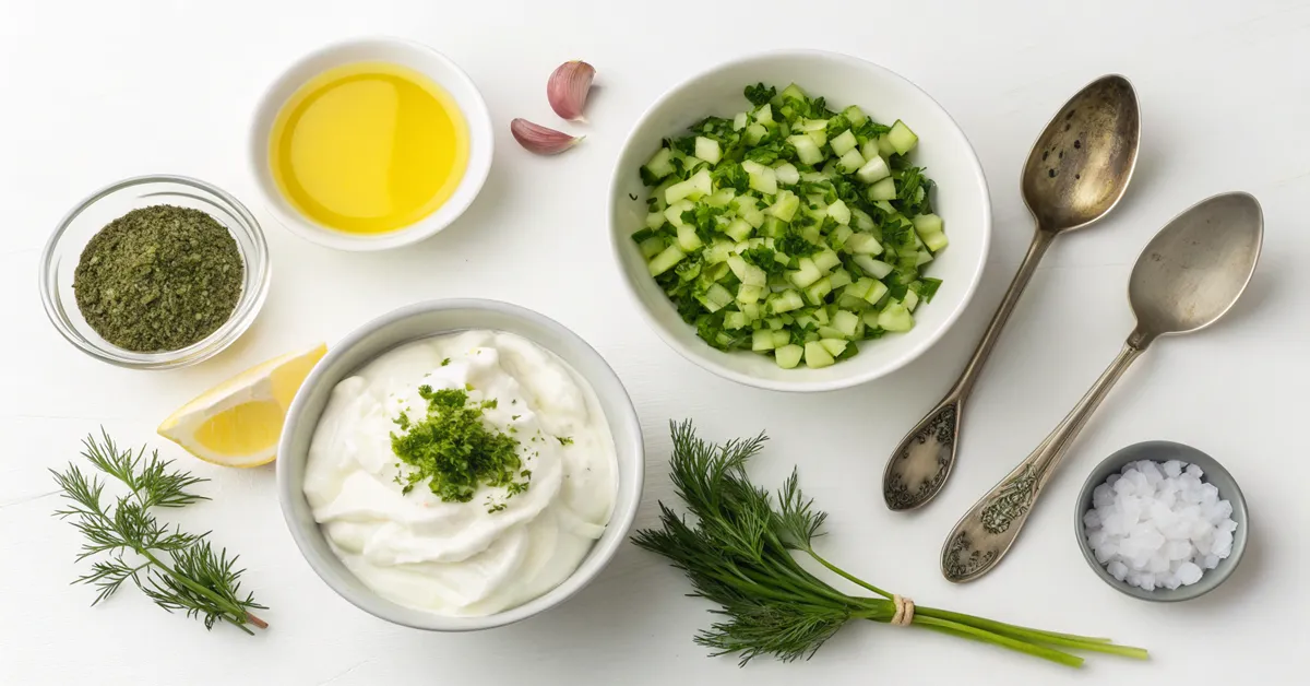 Ingredients for chicken salad with tzatziki sauce laid out on wooden board