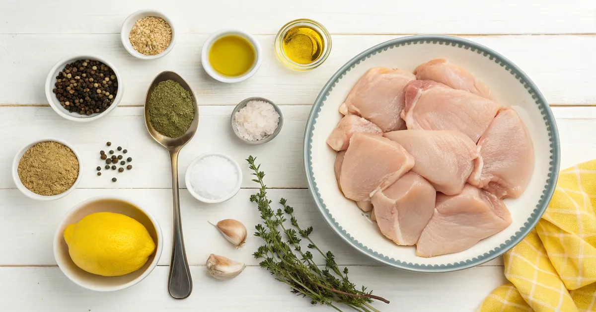  Ingredients for chicken salad with tzatziki sauce laid out on wooden board