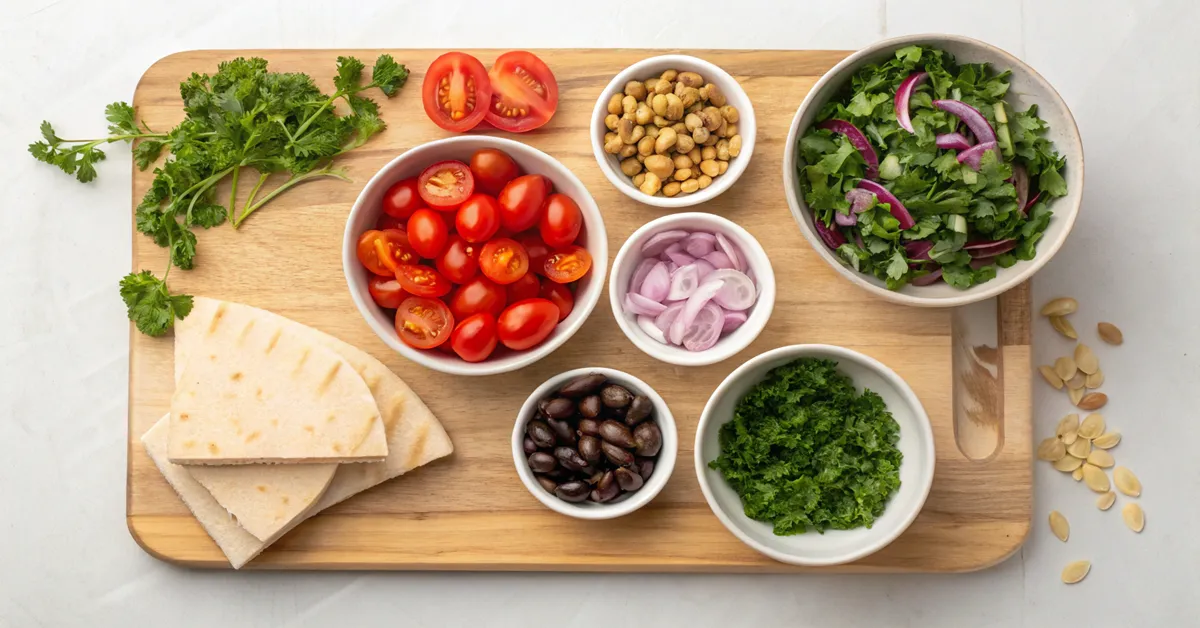 Ingredients for chicken salad with tzatziki sauce laid out on wooden board