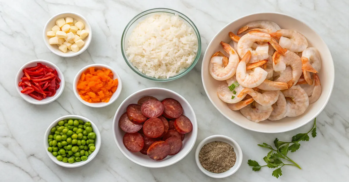 Flat lay of ingredients - raw shrimp, sliced chorizo, rice, diced vegetables, spices in bowls, marble countertop