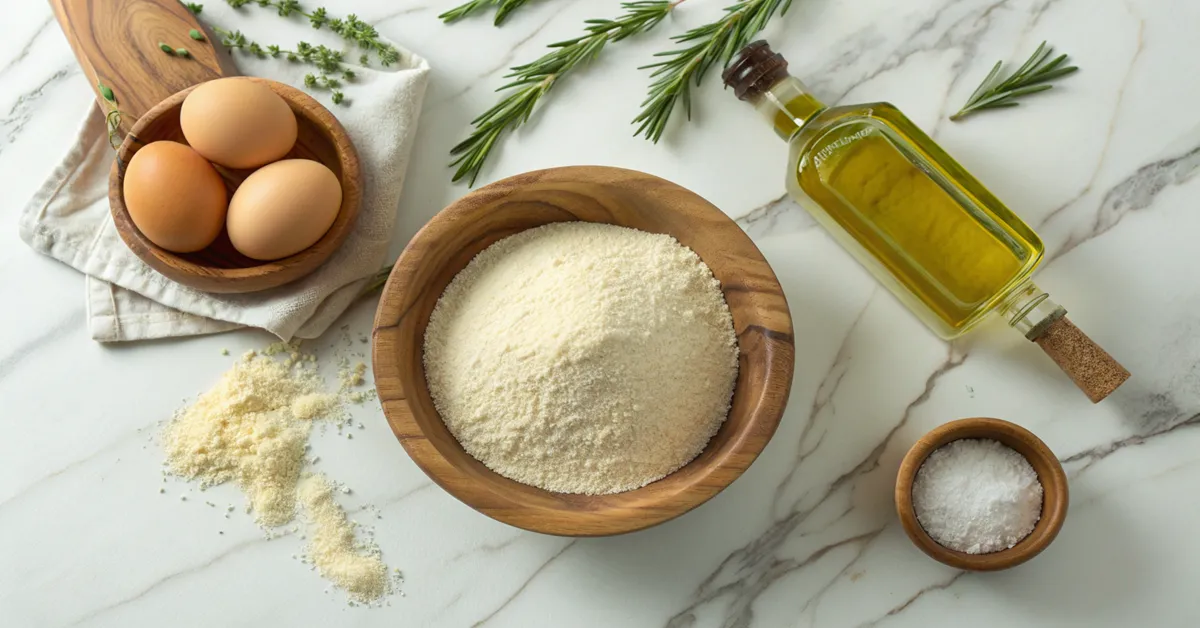 spaghetti-alla-chitarra-ingredients-layout Ingredients for making spaghetti alla chitarra including semolina flour, eggs, olive oil and salt