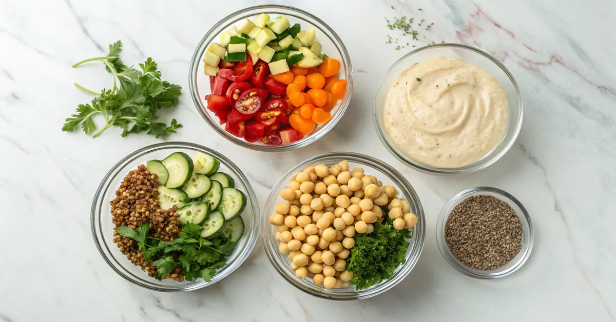 Mediterranean power bowl ingredients quinoa chickpeas tahini hemp seeds
