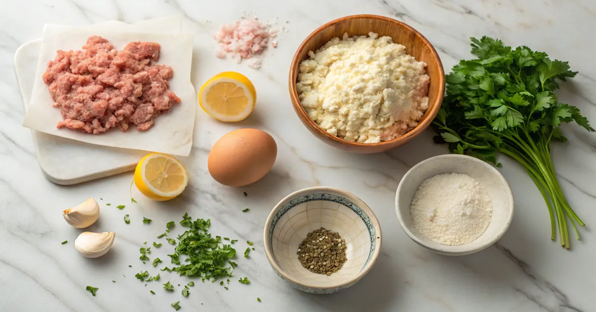 Ingredients for Greek meatballs orzo laid out on marble counter
