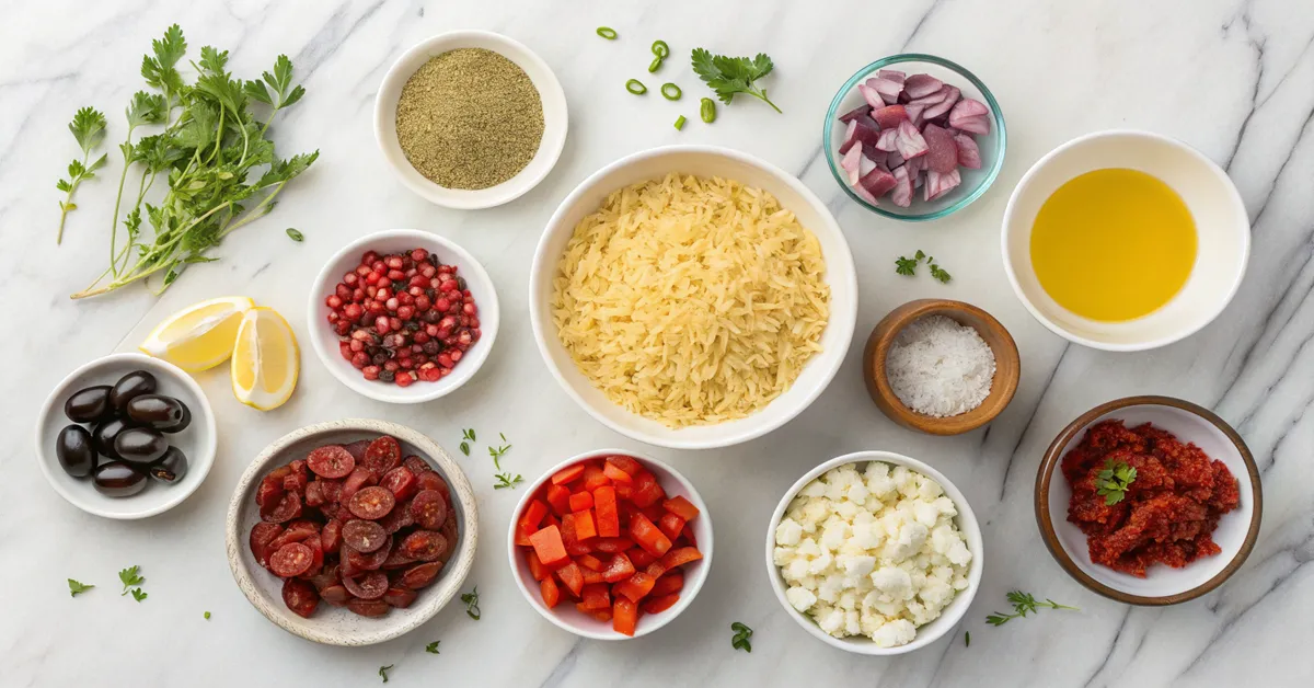  Ingredients for Greek meatballs orzo laid out on marble counter 