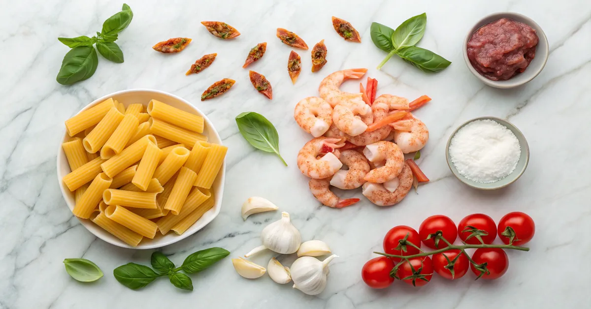 Fresh ingredients for shrimp chorizo and pasta recipe