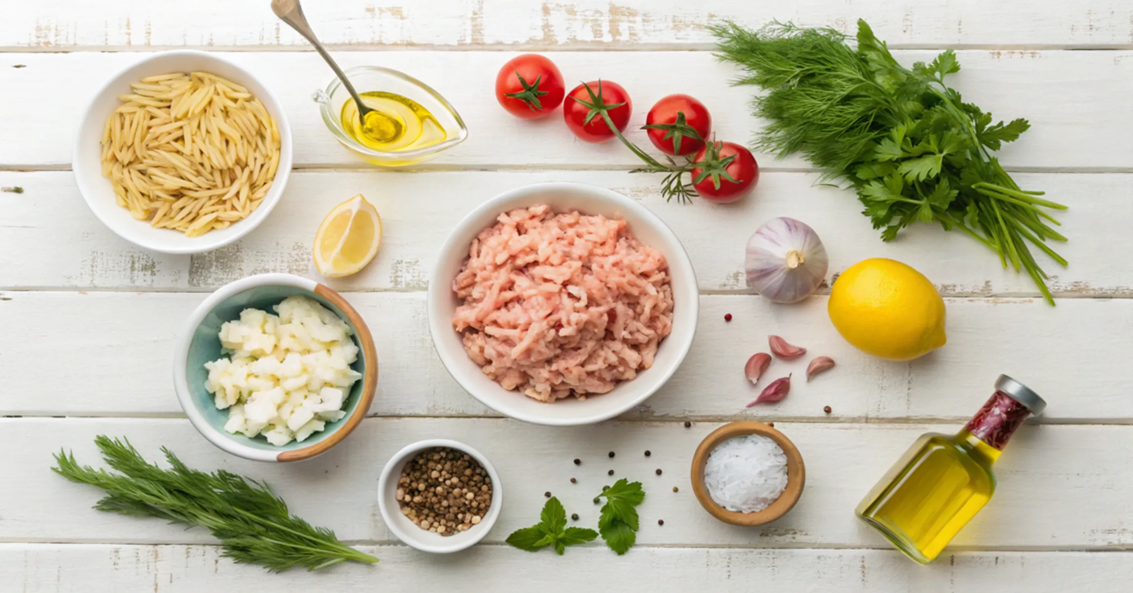 Baking Greek chicken meatballs with lemon orzo cooking on stovetop