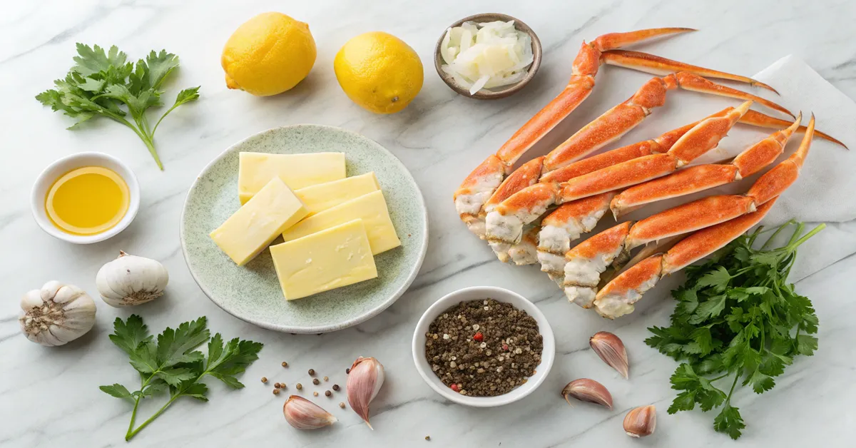 f crab-legs-with-garlic-butter-ingredients Fresh ingredients for crab legs with garlic butter recipe laid out on marble counter