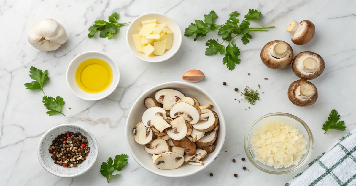 garlic-butter-mushrooms-ingredients Fresh ingredients for garlic butter mushrooms recipe including baby bella mushrooms and garlic