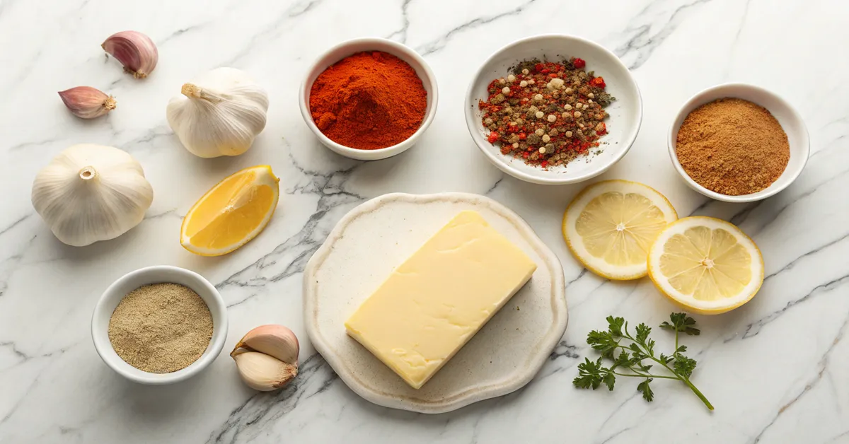 cajun-butter-sauce-ingredients Ingredients for homemade garlic cajun butter sauce laid out on marble surface