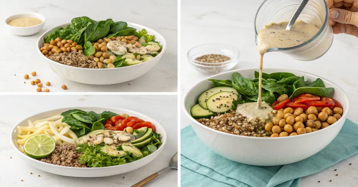 Mediterranean plant protein power bowl assembly steps quinoa chickpeas vegetables
