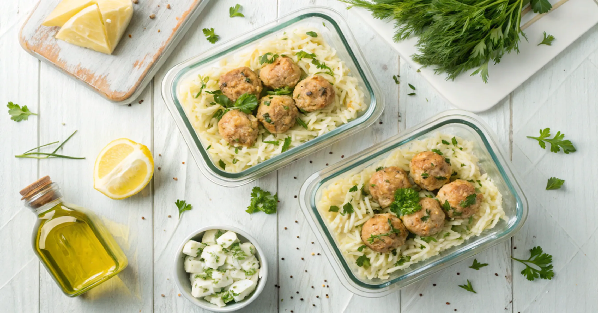  Meal prep containers with Greek chicken meatballs with lemon orzo portions