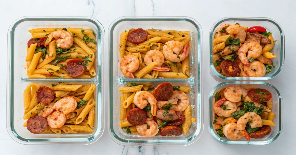 Meal prep containers with shrimp and chorizo pasta
