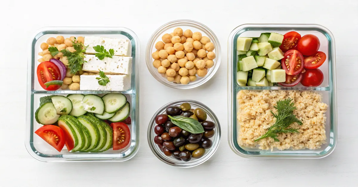 Mediterranean plant protein power bowl meal prep containers glass storage