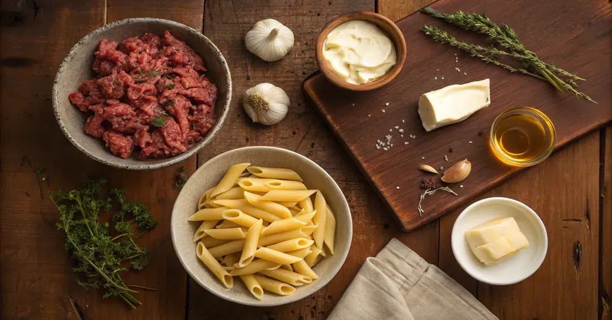 ingredients-creamy-beef-pasta-recipe Ingredients for one pot creamy beef and garlic butter pasta recipe