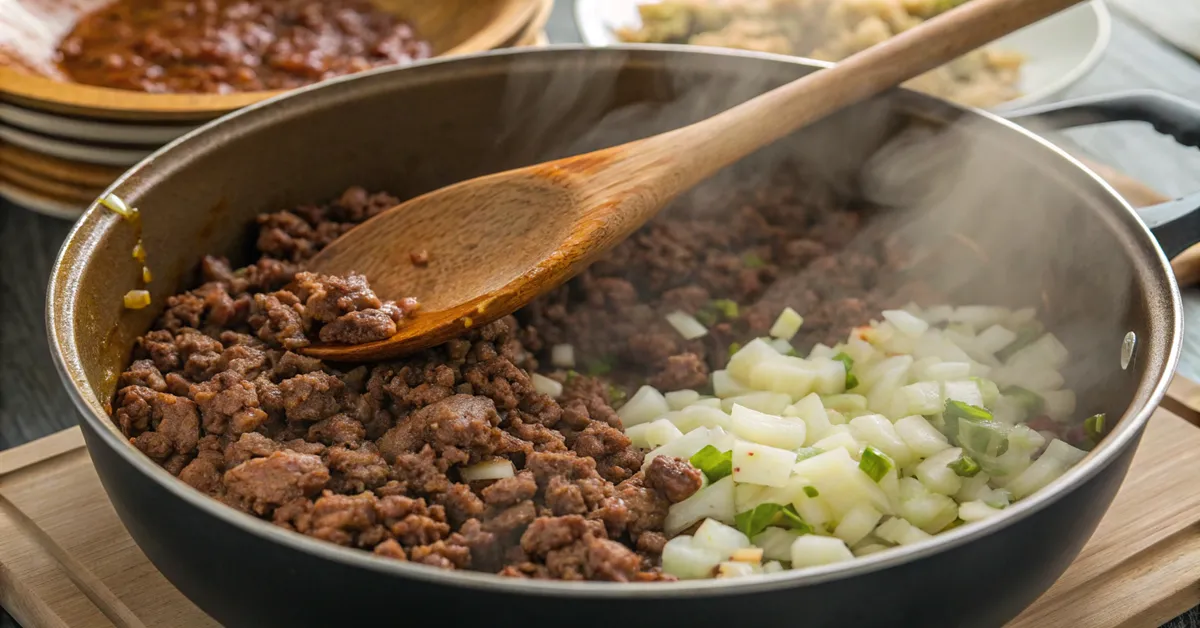 cooking-beef-garlic-one-pot-pasta Ground beef browning with garlic and onions in cooking pot