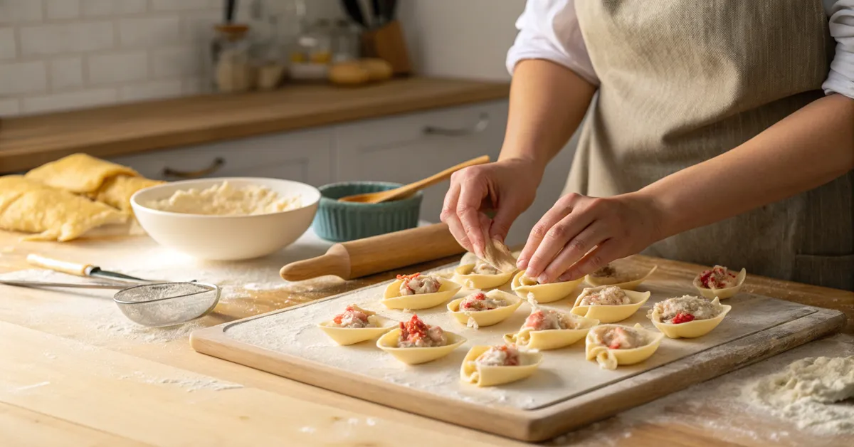 stuffing-shells-home-cooking Stuffing shells with lobster mixture for garlic butter lobster stuffed shells