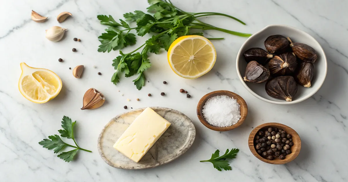 black-garlic-butter-ingredients Black garlic butter ingredients arranged on marble surface