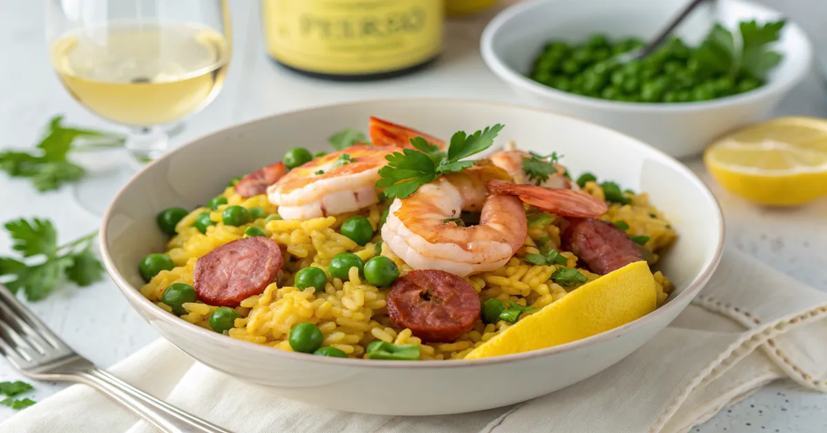 Plated shrimp and chorizo with rice dinner
