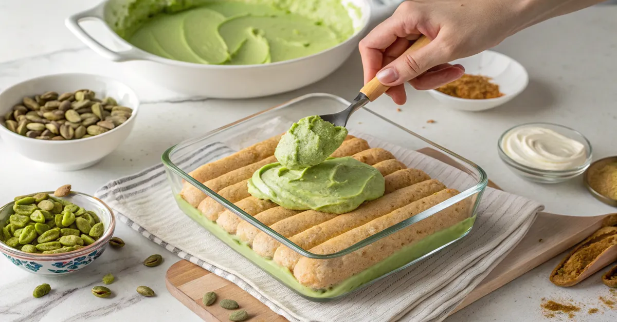 Layering pistachio cream mixture over ladyfingers during tiramisu assembly
