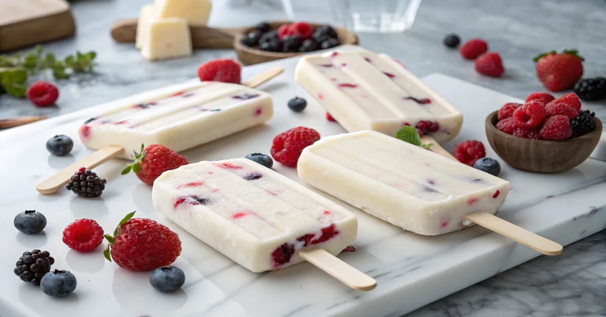 Homemade frozen Greek yogurt bars with mixed berries on marble surface