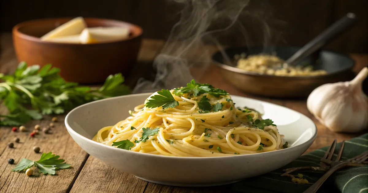 Perfect garlic butter pasta with fresh herbs in rustic bowl