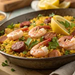 Best Shrimp and Chorizo Recipe - Easy 45-Minute Dinner 2 Delicious shrimp and chorizo rice dish in traditional paella pan garnished with parsley and lemon