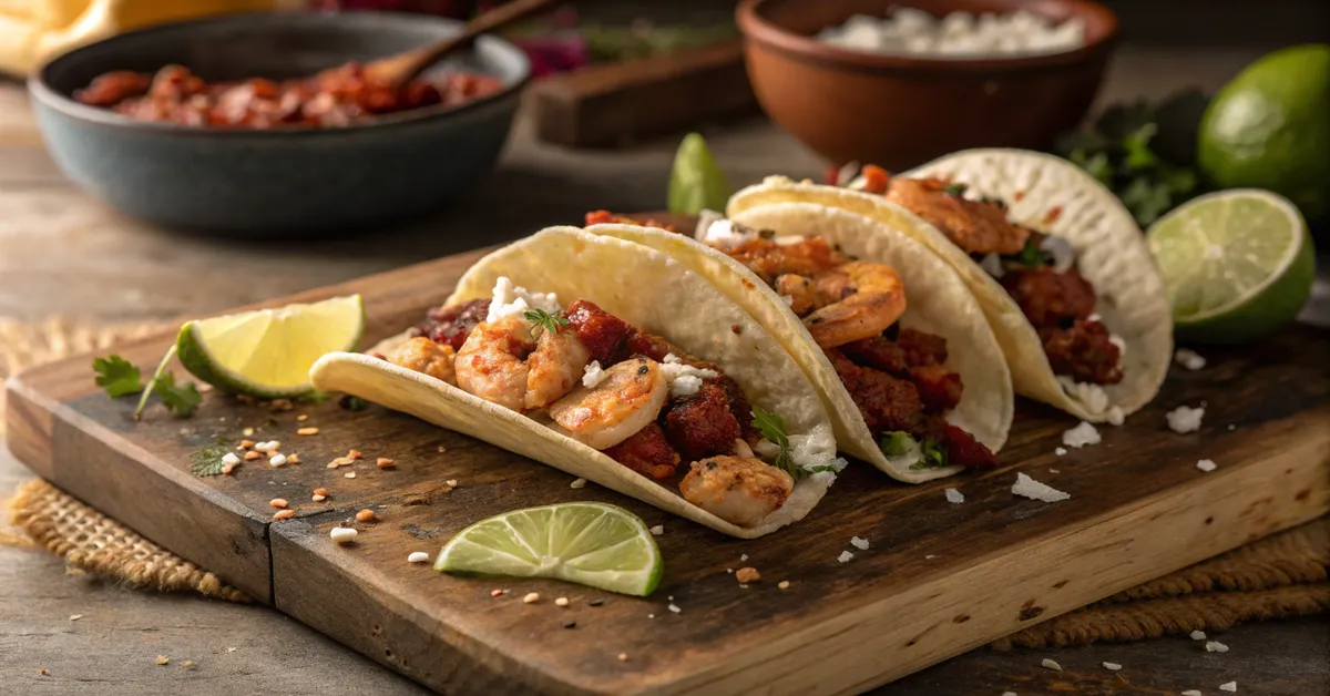 Chorizo and shrimp tacos with cilantro and lime on wooden board