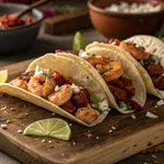 Chorizo and shrimp tacos with cilantro and lime on wooden board