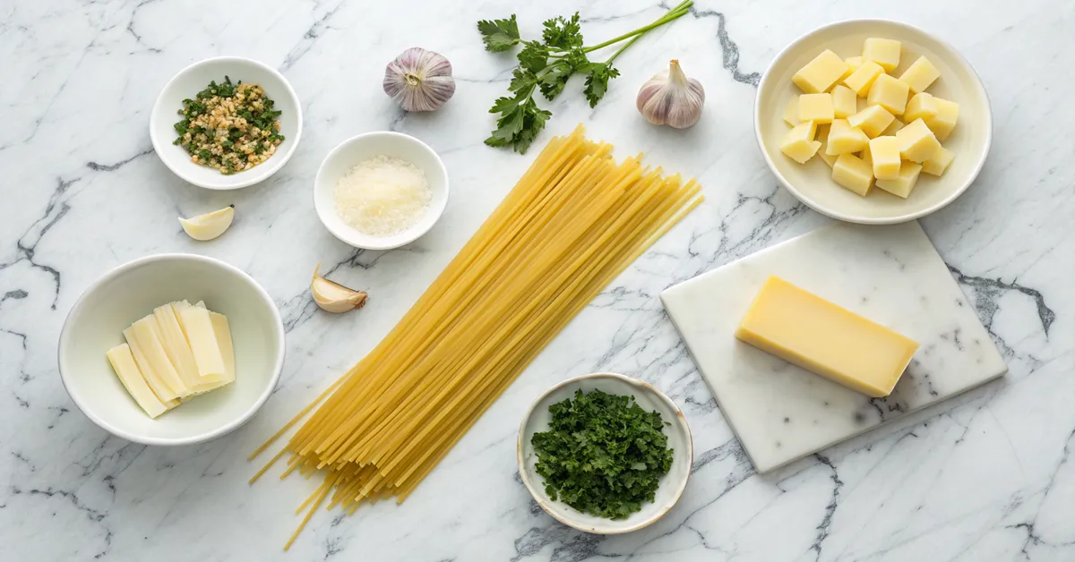 garlic-butter-pasta-ingredients-prep Garlic butter pasta ingredients arranged for cooking