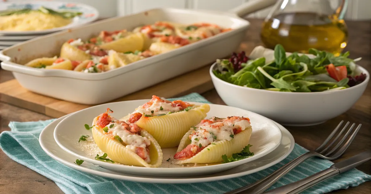 garlic-butter-lobster-stuffed-shells-dinner Finished garlic butter lobster stuffed shells ready for family dinner
