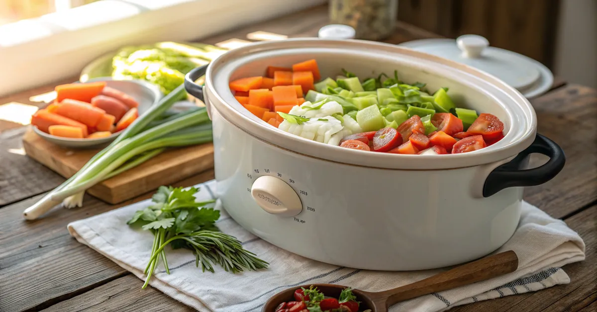 Chopped vegetables in slow cooker before making  crockpot cabbage soup
