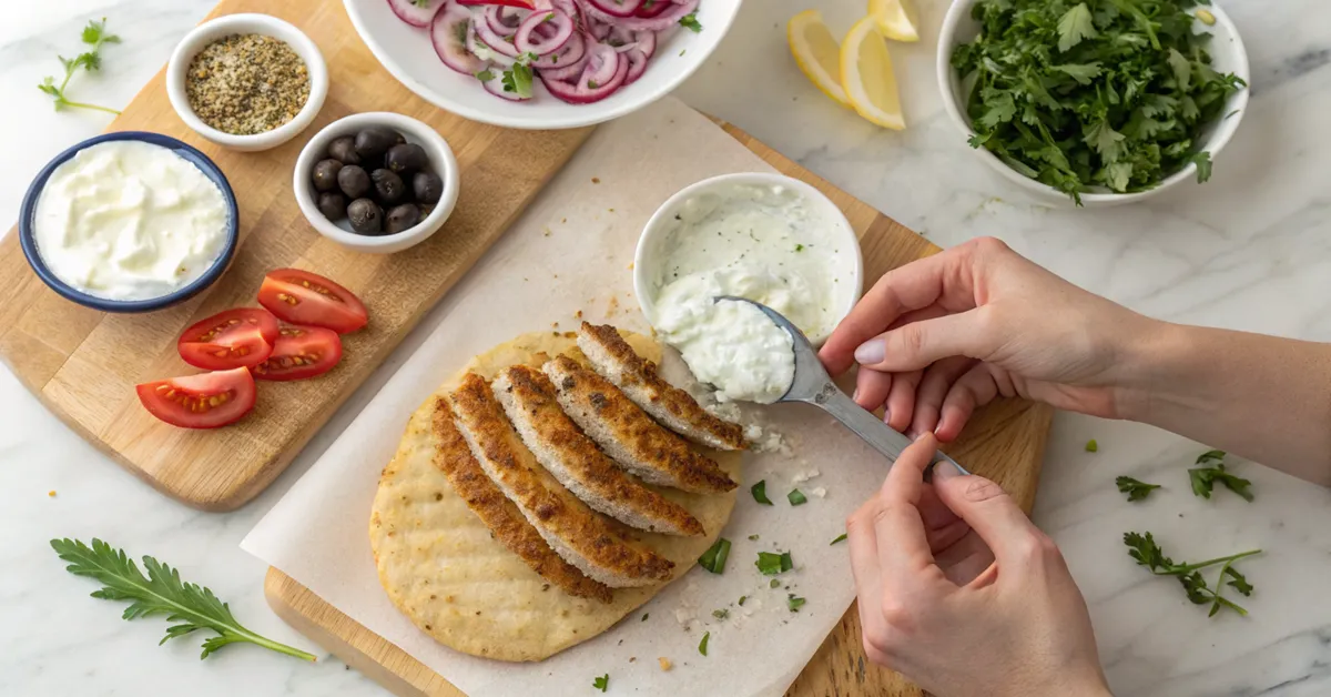 Hands assembling Greek chicken tzatziki wrap with fresh ingredients on pita bread 