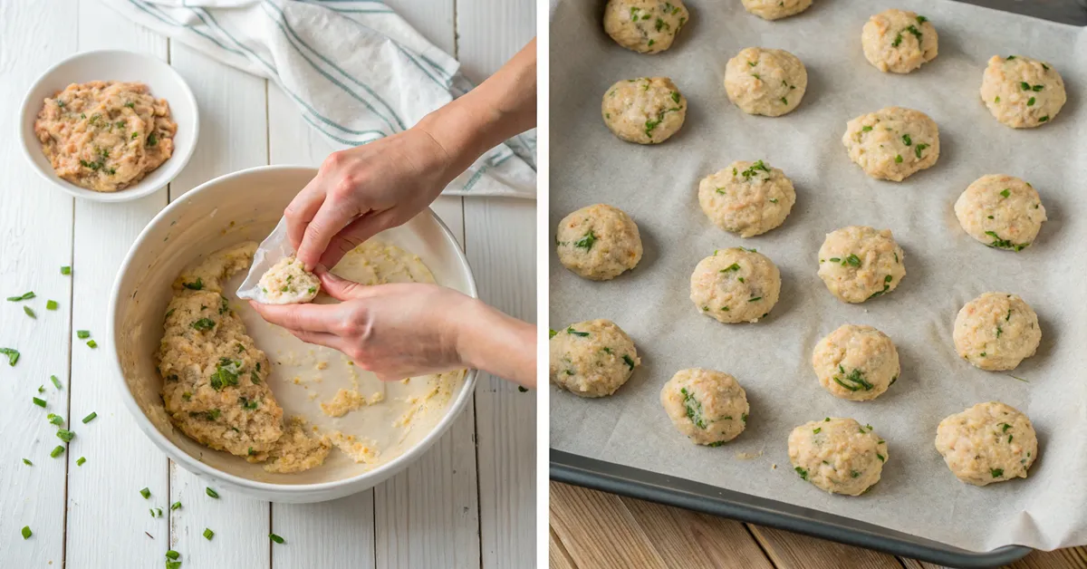 Hands forming Greek chicken meatballs on baking sheet