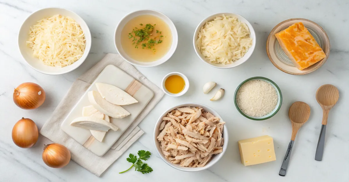 French-onion-chicken-rice-casserole-ingredients-prep All ingredients laid out for making French onion chicken rice casserole