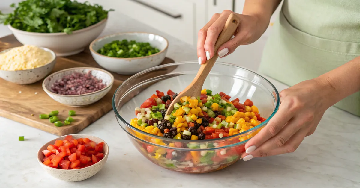 Mixing easy cowboy caviar recipe in glass bowl