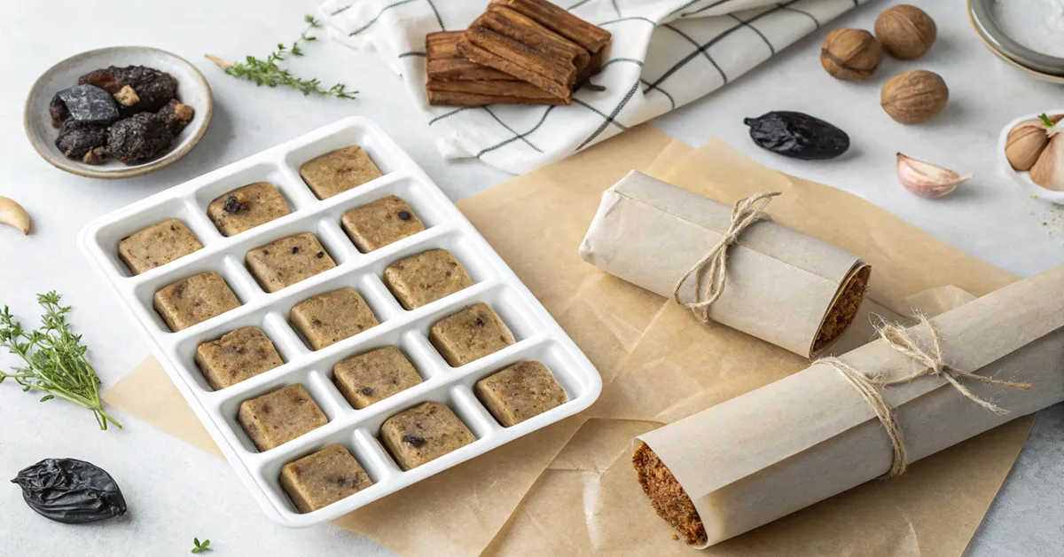 black-garlic-butter-meal-prep-storage Black garlic butter portioned for meal prep storage