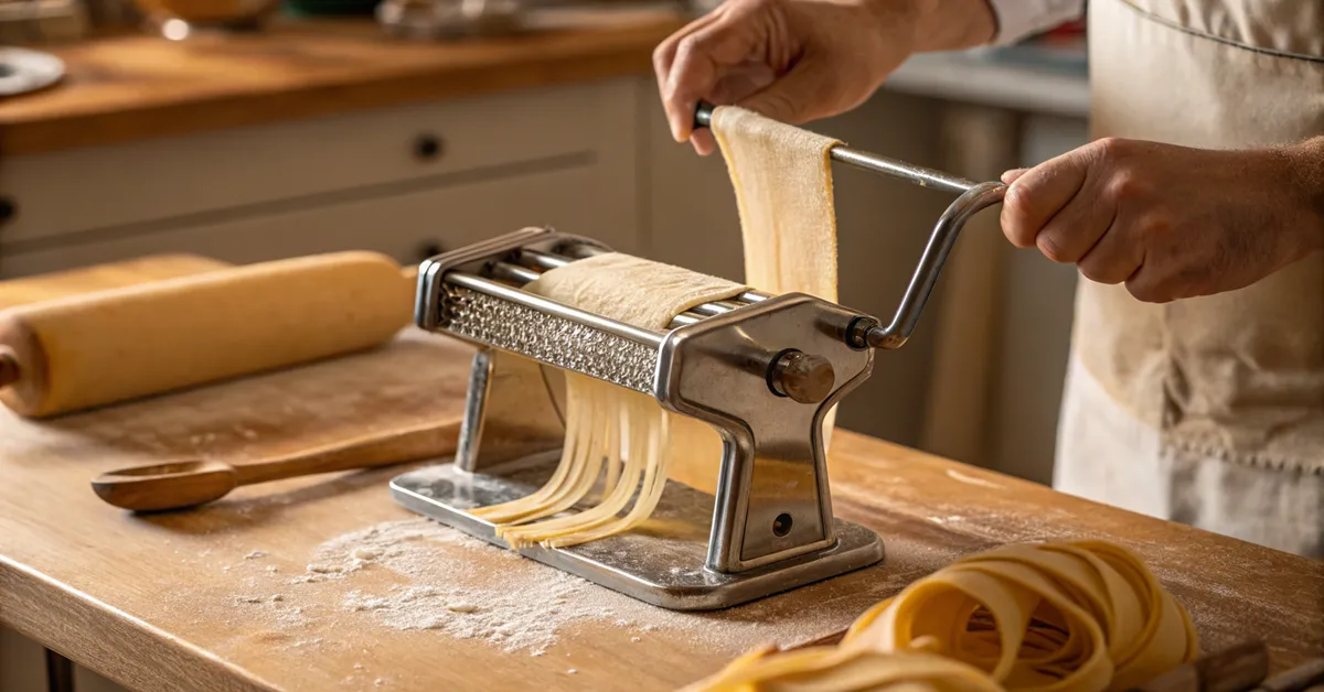 spaghetti-alla-chitarra-cutting-traditional-tool Traditional chitarra tool being used to cut spaghetti alla chitarra pasta dough