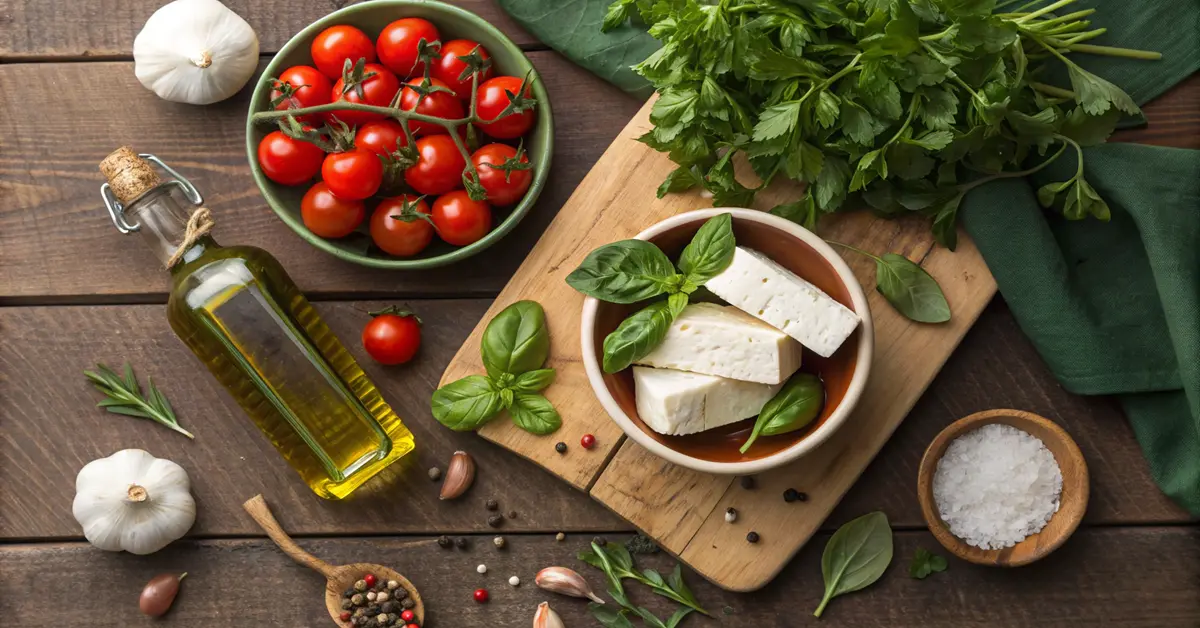 mediterranean-pasta-ingredients-essentials Essential Mediterranean pasta ingredients including olive oil, feta cheese, and fresh herbs