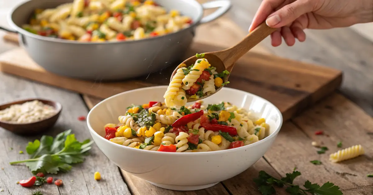 mixing-elote-pasta-salad-process Hands mixing elote pasta salad showing the colorful combination of ingredients