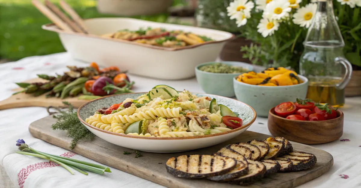 beautiful-family-style-presentation-of-dill-pickle-pasta-salad Dill pickle pasta salad served family-style for outdoor entertaining